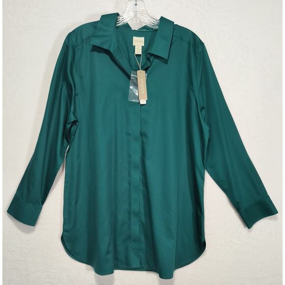Chico's Button up Shirt Women's Sz 12 Teal Long Sleeve Collared No Iron Cotton - Picture 4 of 13